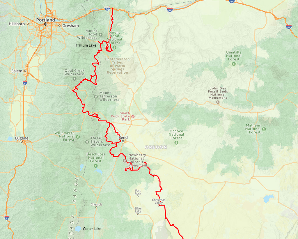 Map of the ORBDR route from Hood River to Hart Mountain